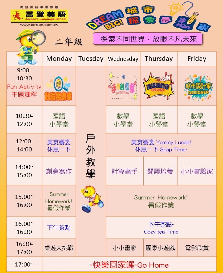 新北市五股區 喬登美語 五股分校 115年 2026 城市探索夢想家夏令營 Dream Big Summer Camp 課程課表 國小暑期營隊 暑假營隊 小一先修 正音班 五股國小 五股國中